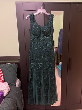 R&M Richards Dark Green Lace Sequin Maxi Dress